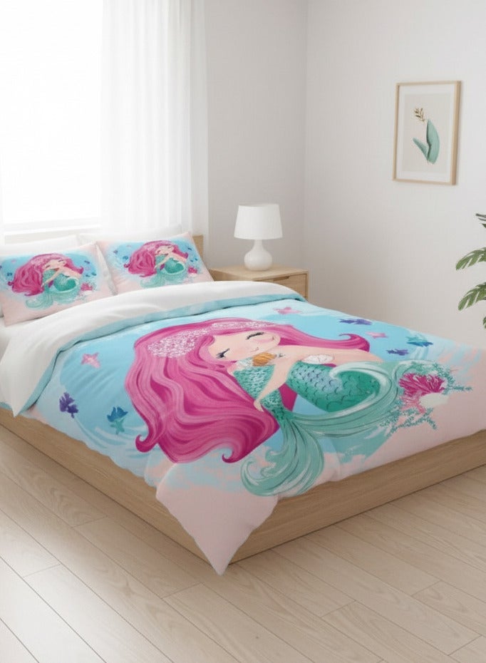 LUNA Home Single Size 4-Piece 1 duvet cover (160 x 210 cm), 1 fitted sheet (100 x 200 + 30 cm), and 2 pillow cases (50 x 75 cm) - Pink 3D mermaid design - Image 1